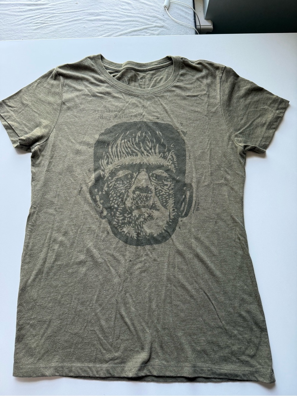 Out of Print Olive Green Short Sleeve Tee with Frankenstein Graphic XL